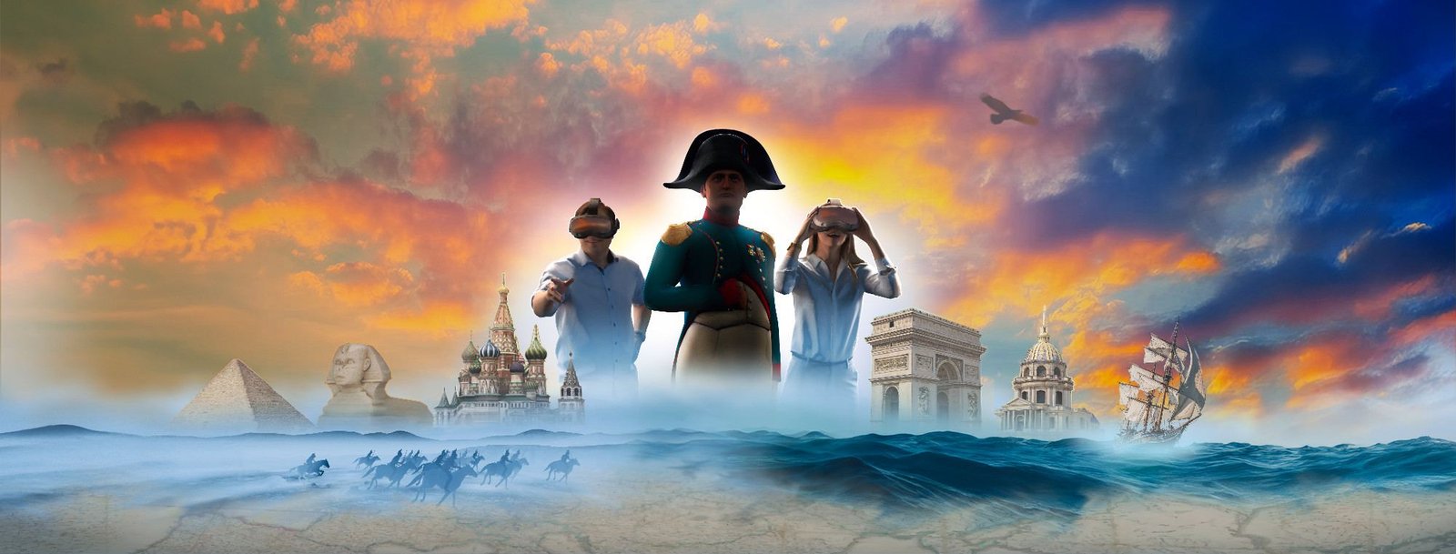 Napoleon in uniform met twee bezoekers met een VR-bril, omringd door de piramides, de Arc de Triomphe en een cavalerielading in de mist