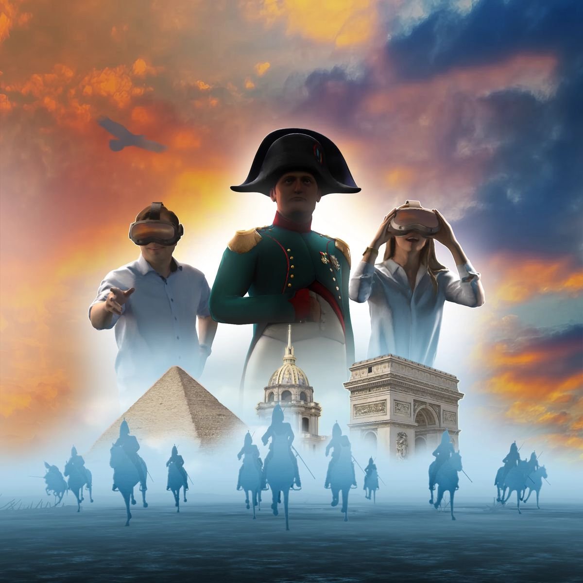Twee bezoekers met VR-bril naast Napoleon, met de piramide, de Invalides en de Arc de Triomphe